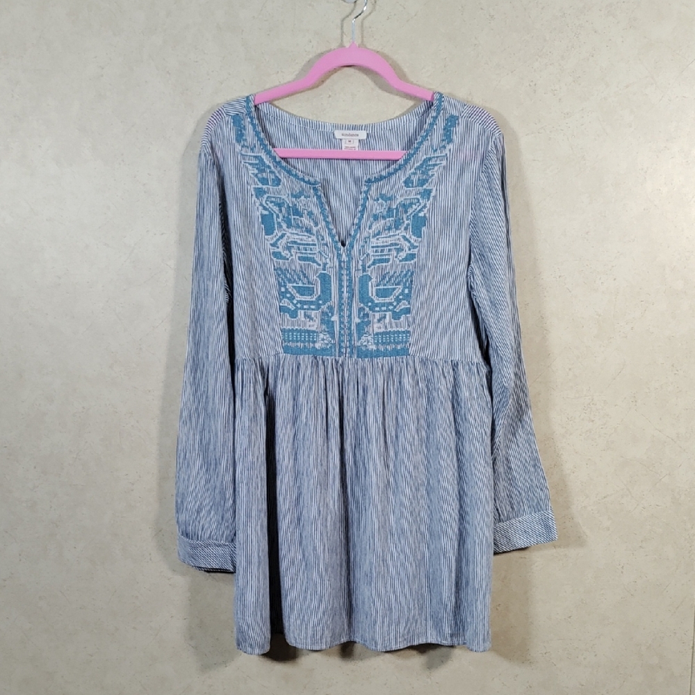 I187 Sundance navy & white striped embroidered L/S tunic blouse M